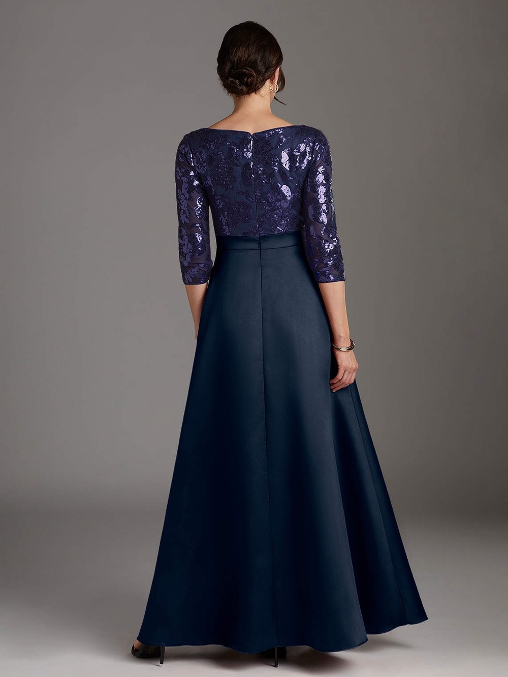 Azazie Elegant Navy Sequin Bodice Satin Evening Gown/Mother of the Bride Dress - Picture 5 of 16